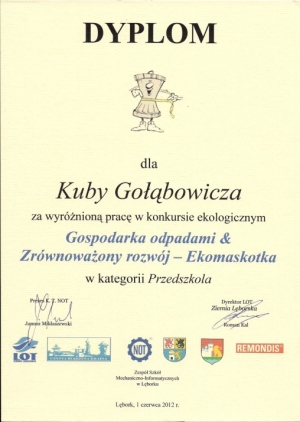 1.06.2012 Wyróżnienie w powiatowym konkursie Gospodarka odpadami