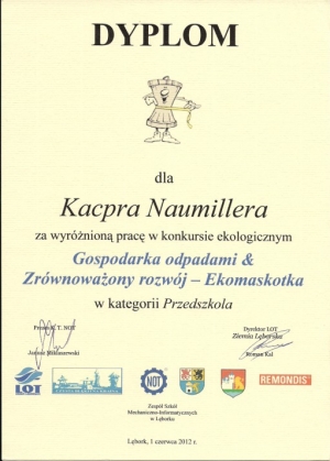 1.06.2012 Wyróżnienie w powiatowym konkursie Gospodarka odpadami