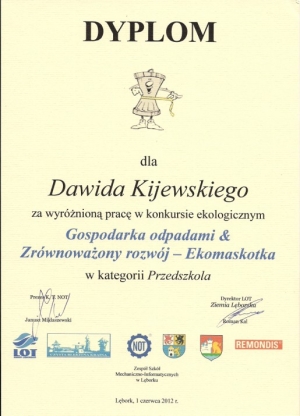 1.06.2012 Wyróżnienie w powiatowym konkursie Gospodarka odpadami