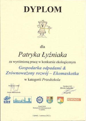 1.06.2012 Wyróżnienie w powiatowym konkursie Gospodarka odpadami
